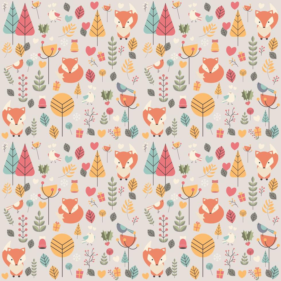 Seamless pattern with cute Christmas baby fox surrounded with floral decoration vector