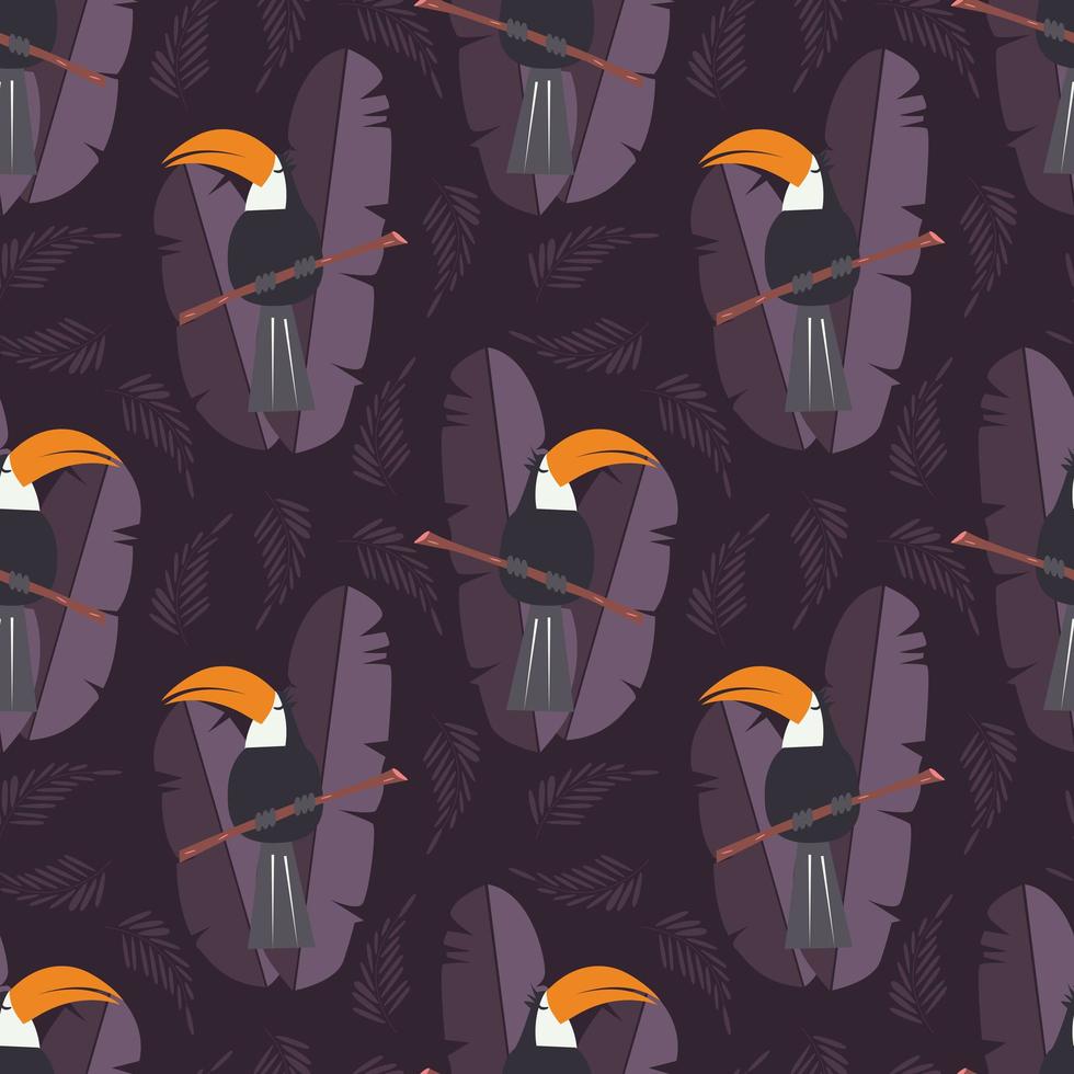 Seamless pattern with cute jungle parrot toucan on purple background vector