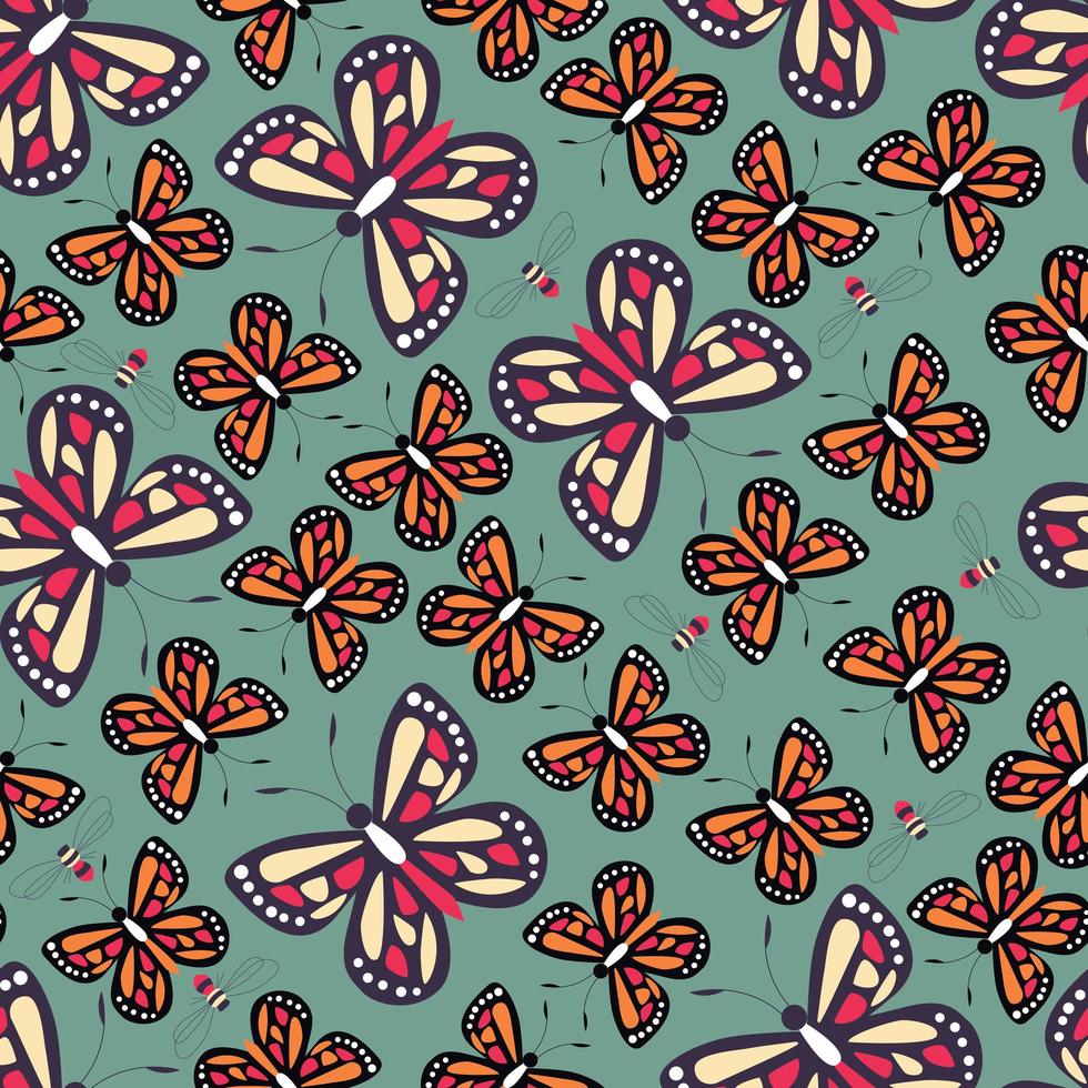 Seamless pattern with colorful butterflies and bees, nature life vector