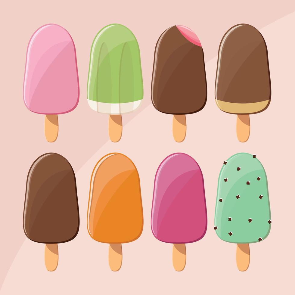 Collection of delicious glossy tasty ice cream popsicles, summer treat vector