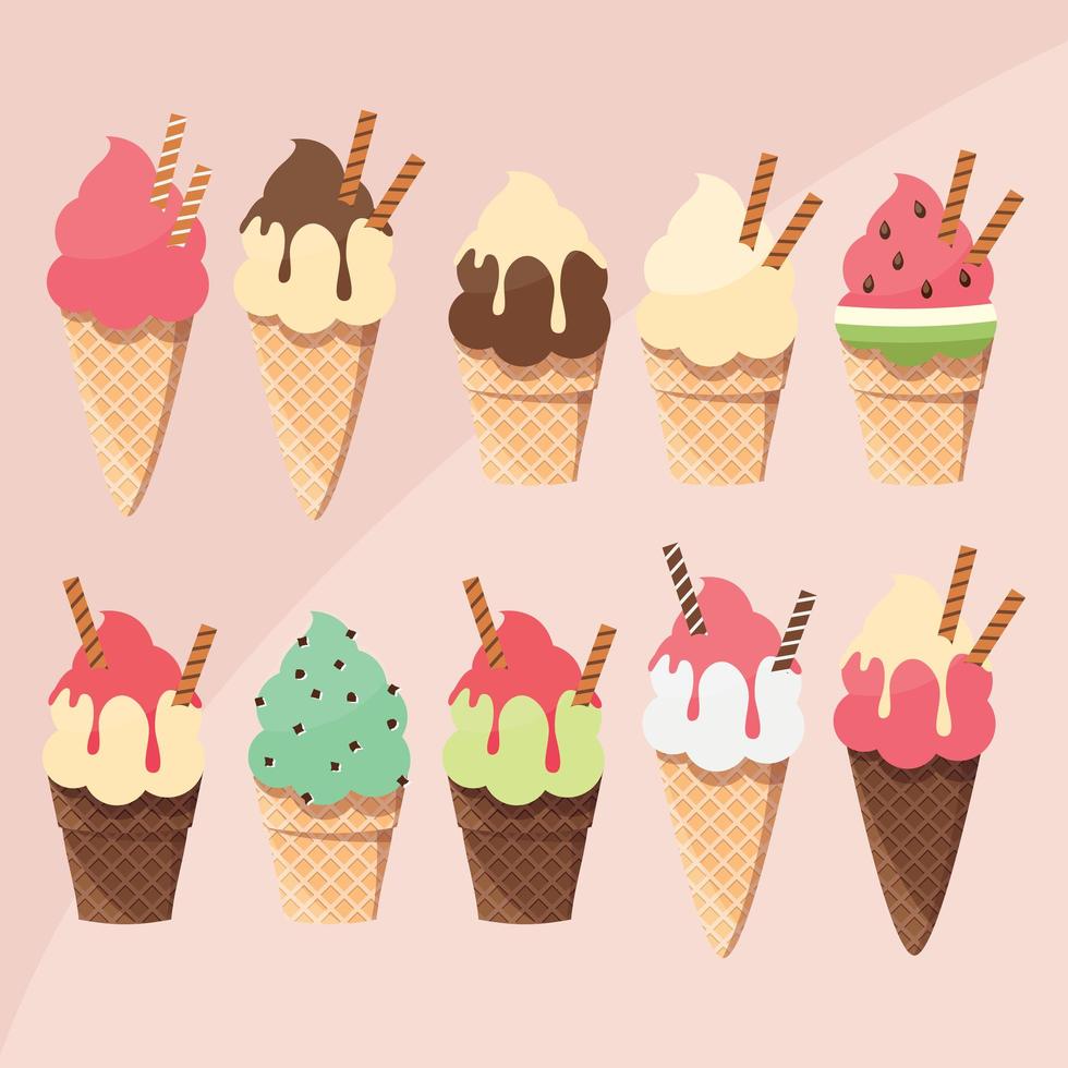 Collection of delicious tasty ice cream scoops and cones, summer treat vector