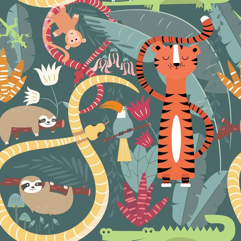 patrón sin fisuras con lindos animales de la selva tropical, tigre, serpiente y perezoso vector