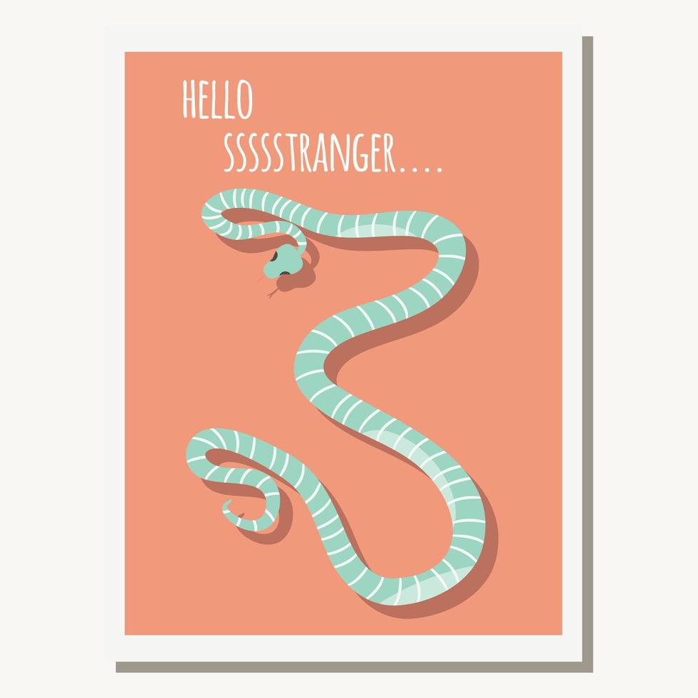 tarjeta de felicitación con linda serpiente a rayas azules y mensaje de texto vector