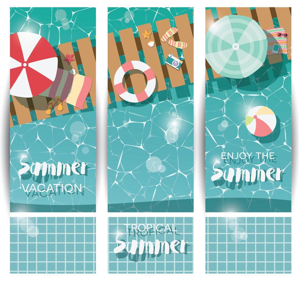 Three vertical banners with swimming pool, top view, tropical summer time holiday vacation vector