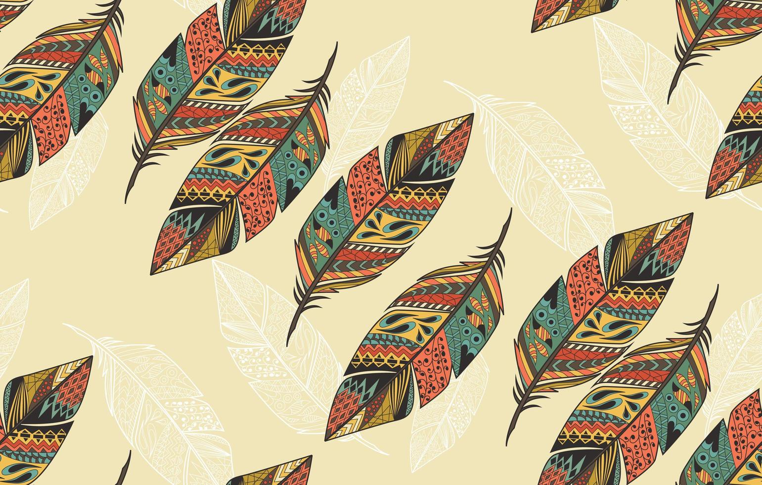 Seamless pattern with vintage tribal ethnic hand drawn colorful feathers vector