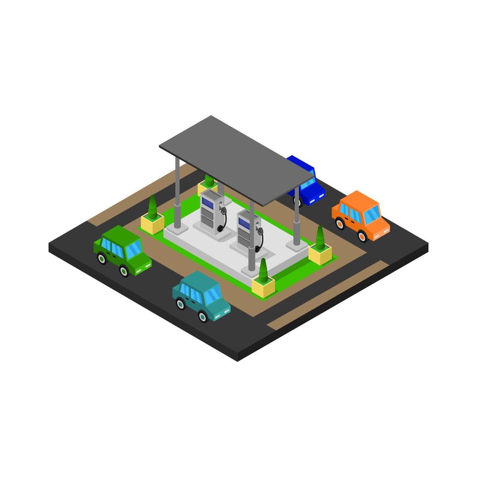 gasolinera isométrica ilustrada sobre fondo blanco vector