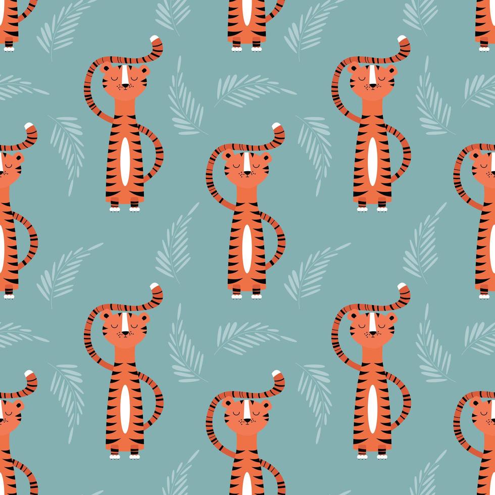 Seamless pattern with cute orange tiger on blue background vector