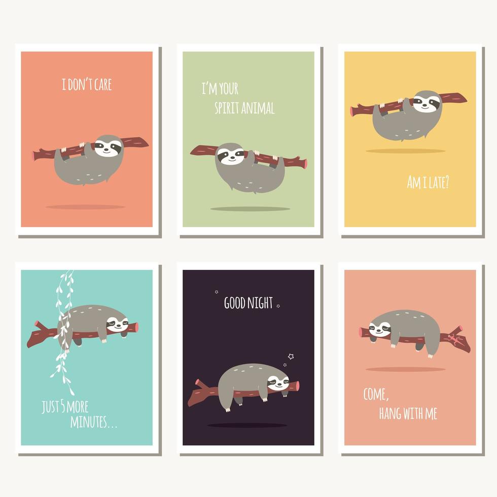 Collection of six greeting cards with cute sloth and text message vector