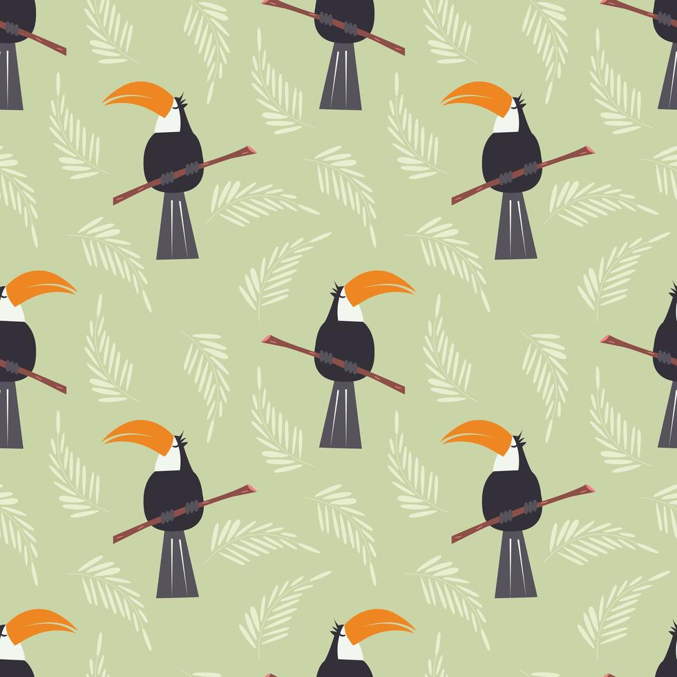 Seamless pattern with cute jungle parrot toucan on green background vector