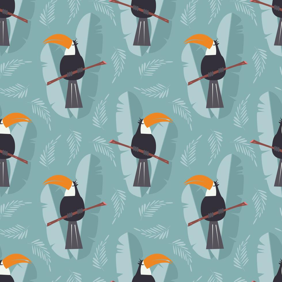 Seamless pattern with cute jungle parrot toucan on blue background vector
