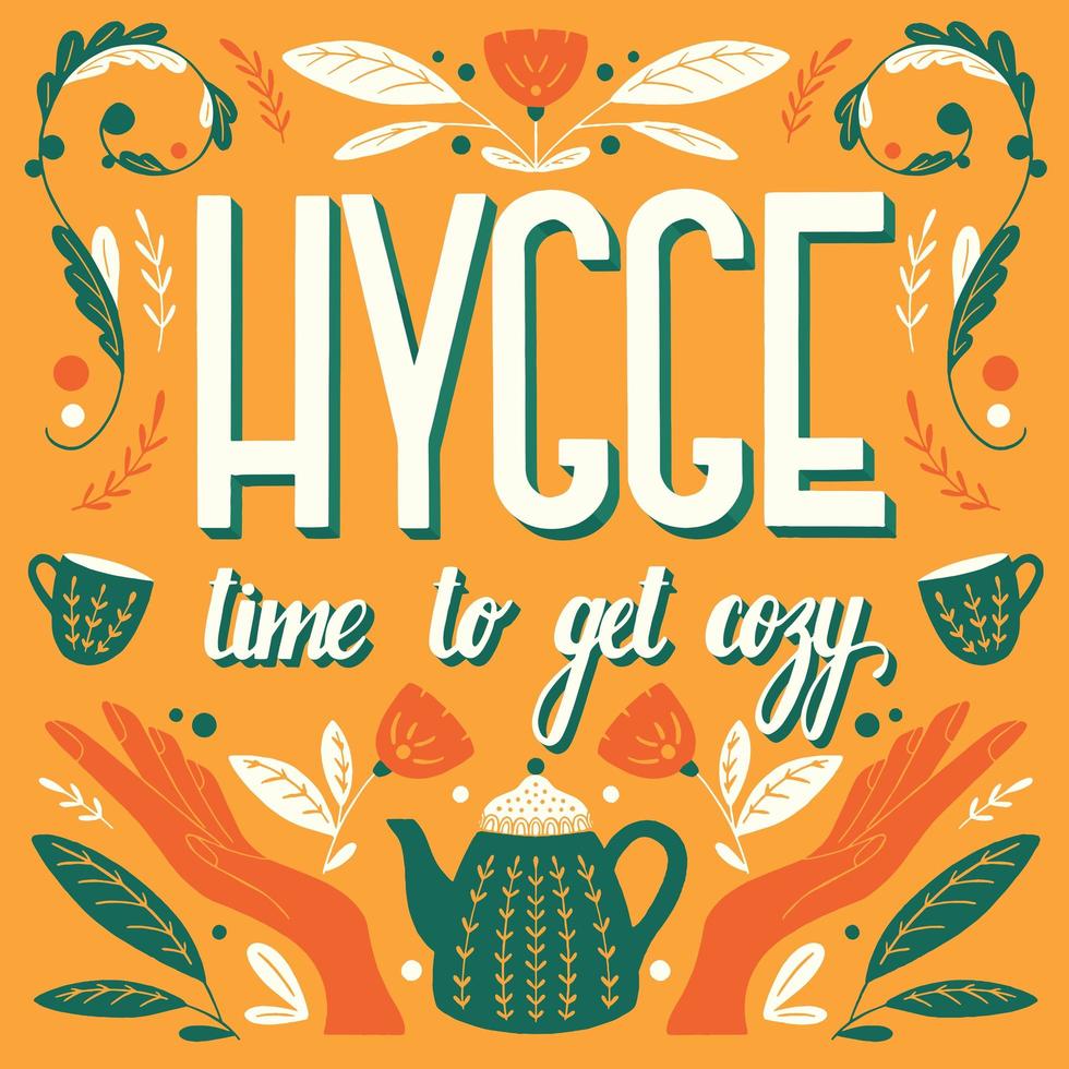 concepto de Hygge. diseño de motivos populares escandinavos de letras a mano vector