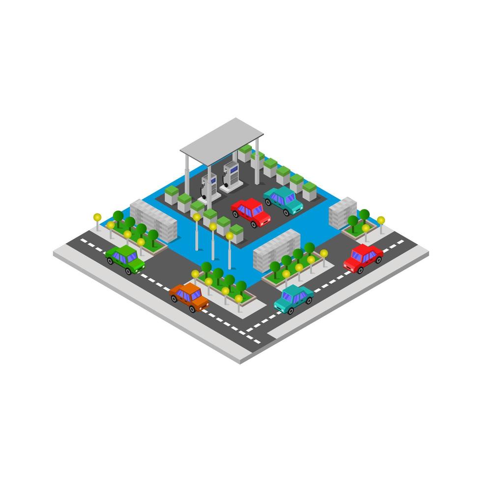 Gas Station Isometric In Vector On White Background