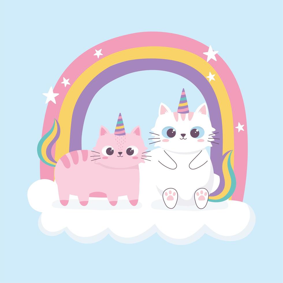 dos gatos cuernos y decoración del arco iris personaje de dibujos animados animal divertido vector