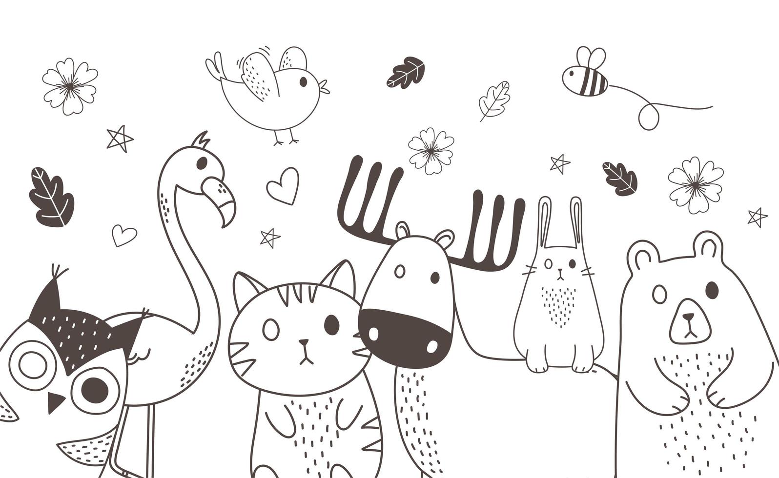 animales lindos bocetos vida silvestre dibujos animados adorables flamencos osos gatos búhos ciervos abejas y pájaros vector