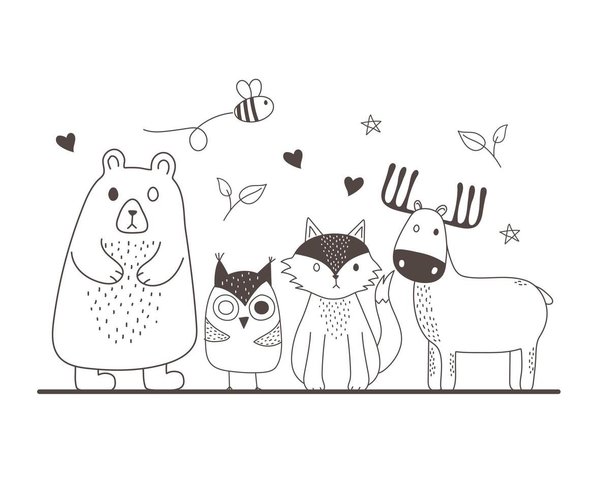 cute animals sketch wildlife cartoon adorable bear owl fox reindeer and flying bee vector