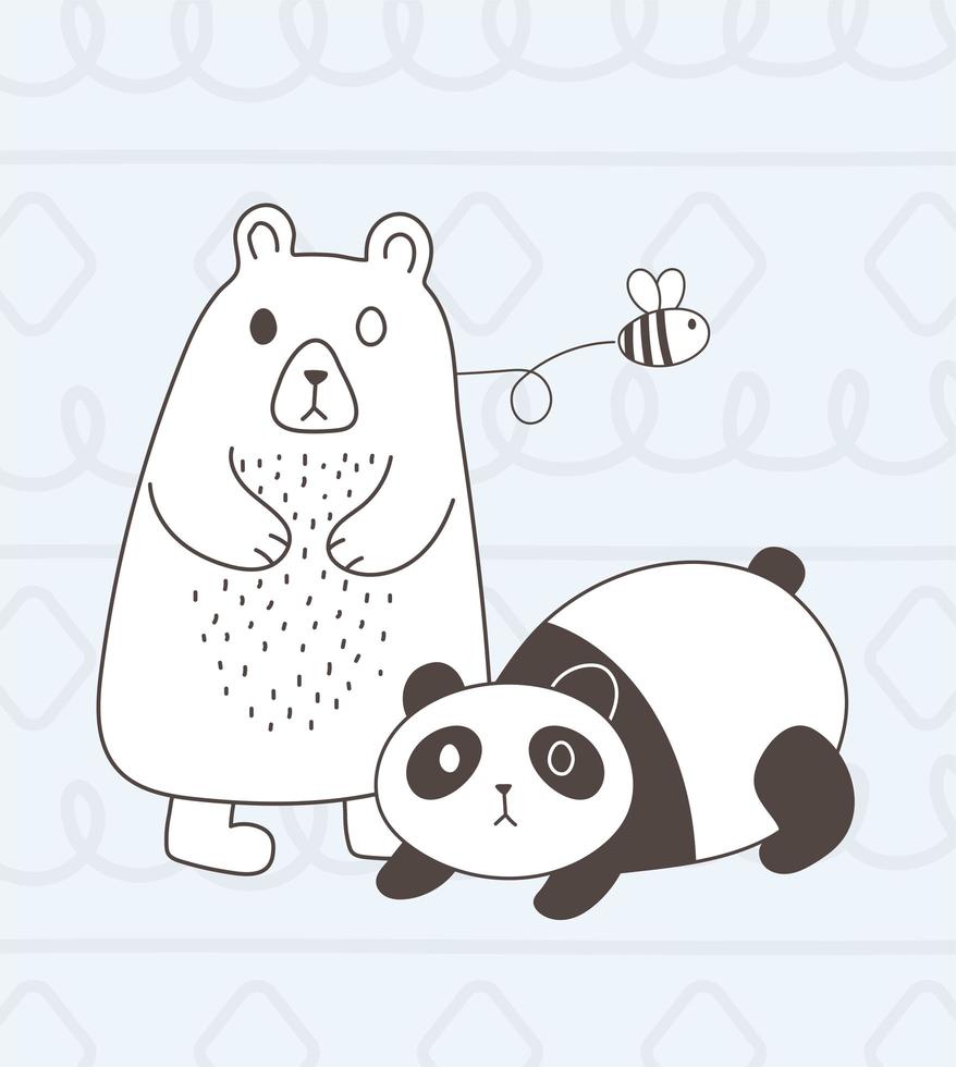 animales lindos bosquejo vida silvestre dibujos animados adorable oso panda y abeja voladora vector