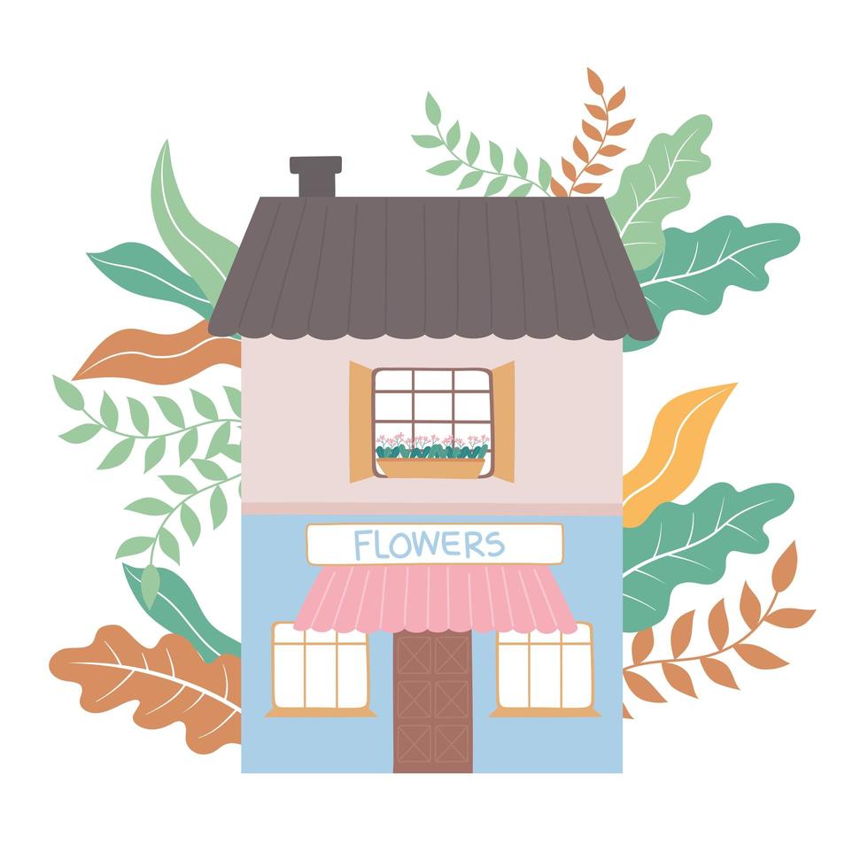 front view flowers shop building commercial exterior plants design vector