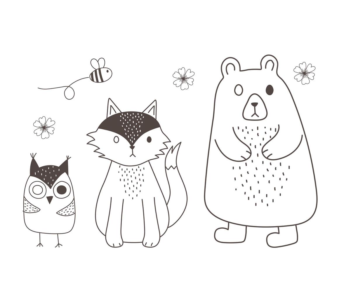 cute animals sketch wildlife cartoon adorable bear fox and owl vector