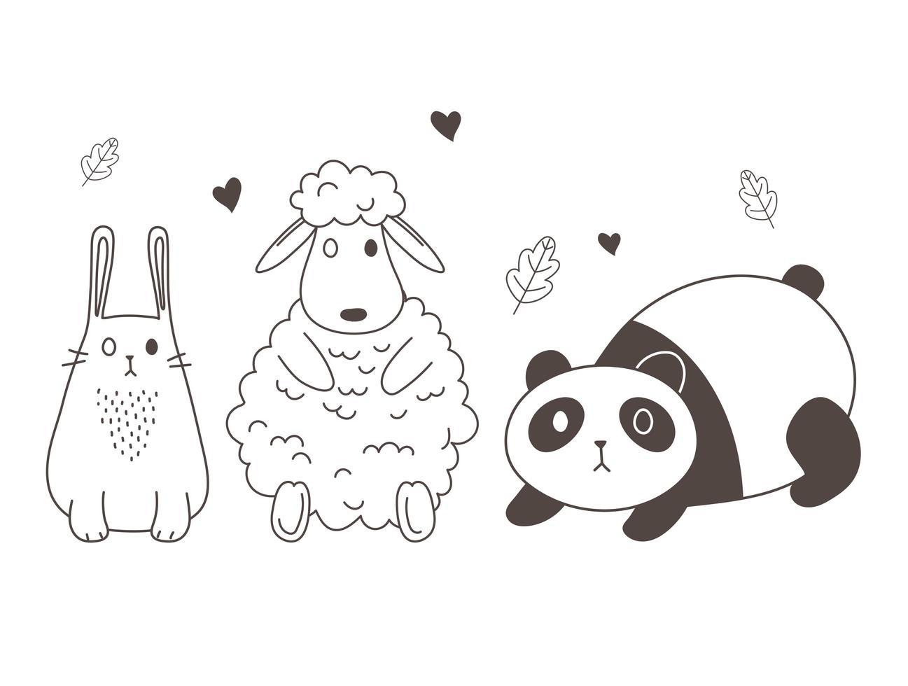 animales lindos bosquejo vida silvestre dibujos animados adorable panda oveja y conejo encantador vector