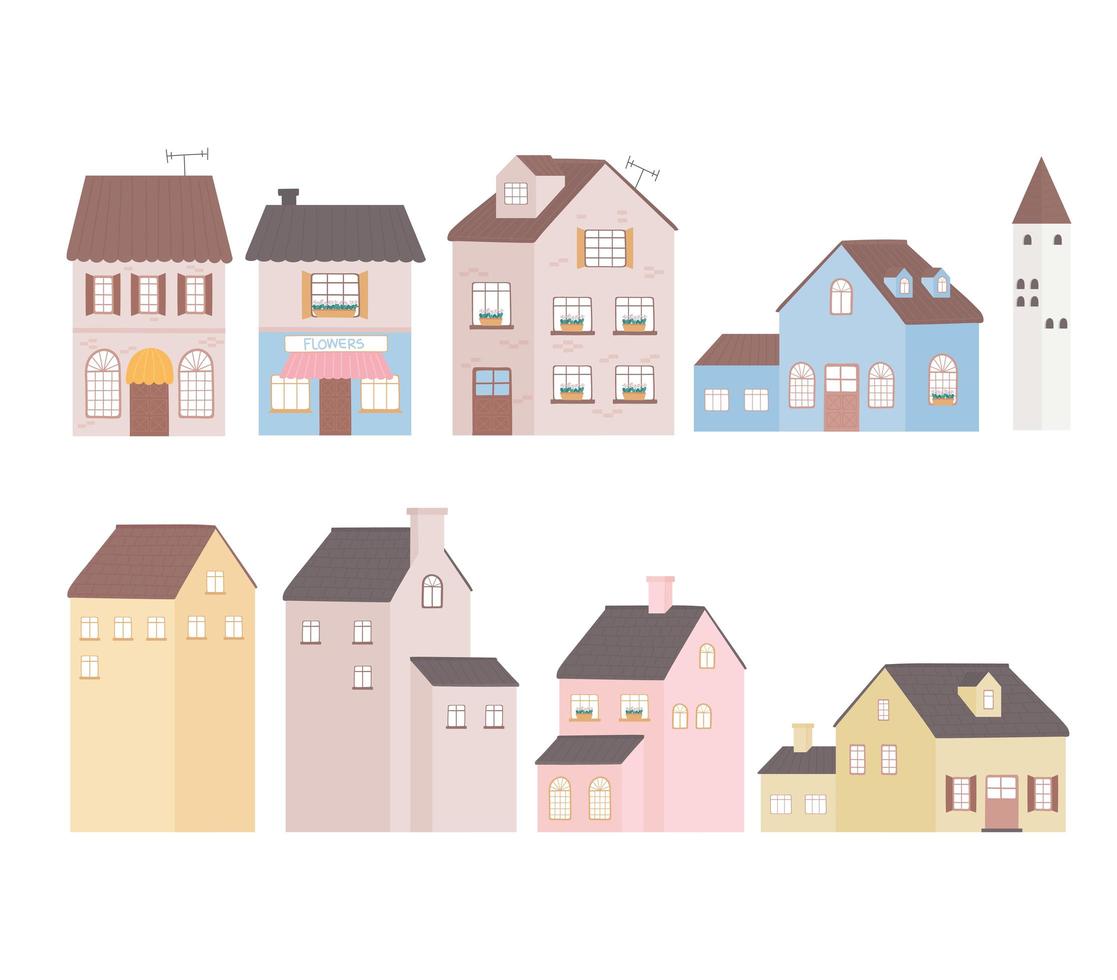 houses home building tower residential commercial facade icons design vector