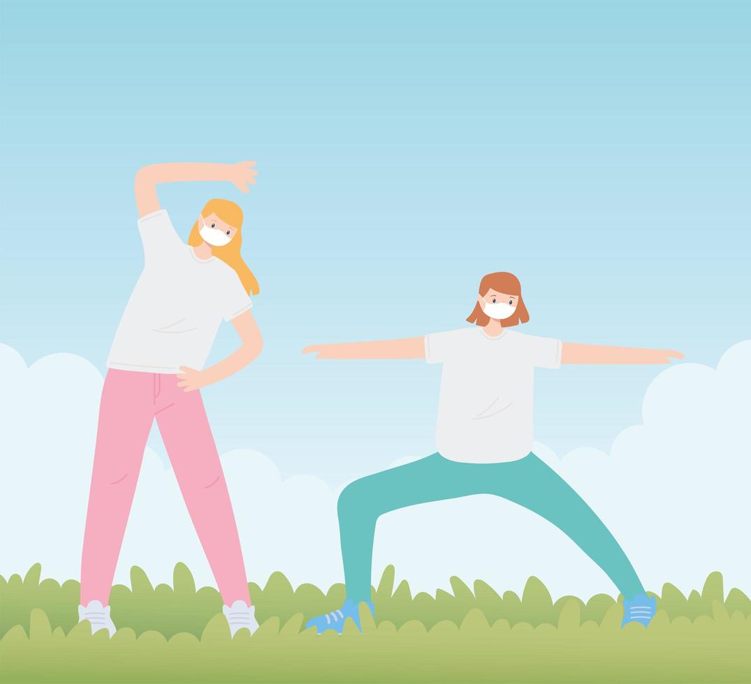 personas con mascarilla médica, dos mujeres practicando ejercicios al aire libre, actividad de la ciudad durante el coronavirus vector