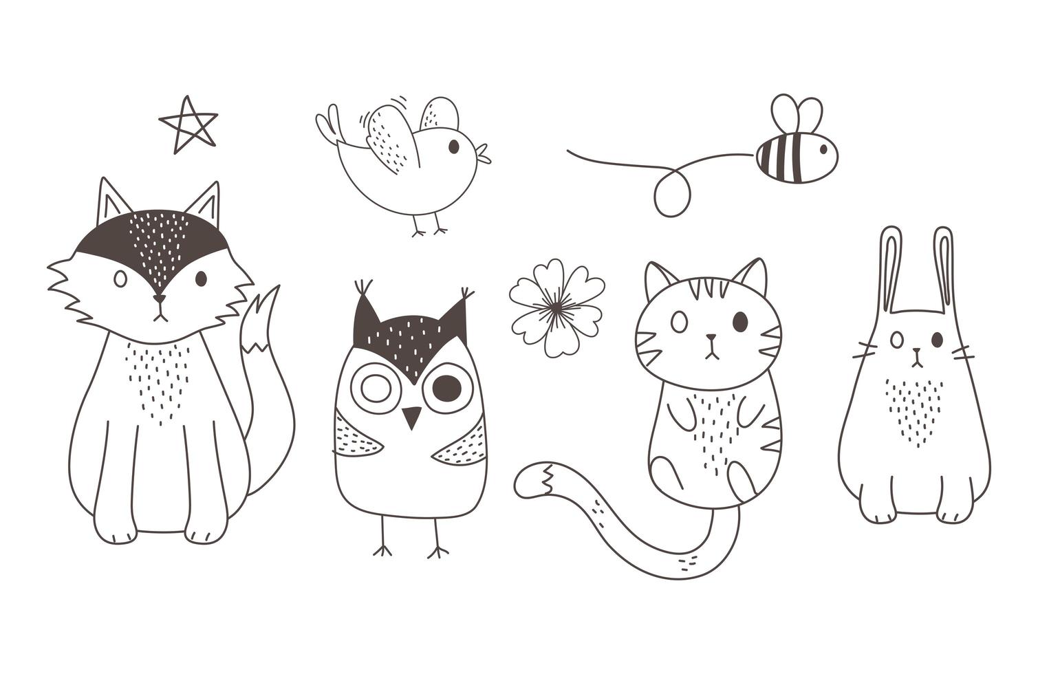 cute animals sketch wildlife cartoon adorable owl cat rabbit fox bird and bee vector