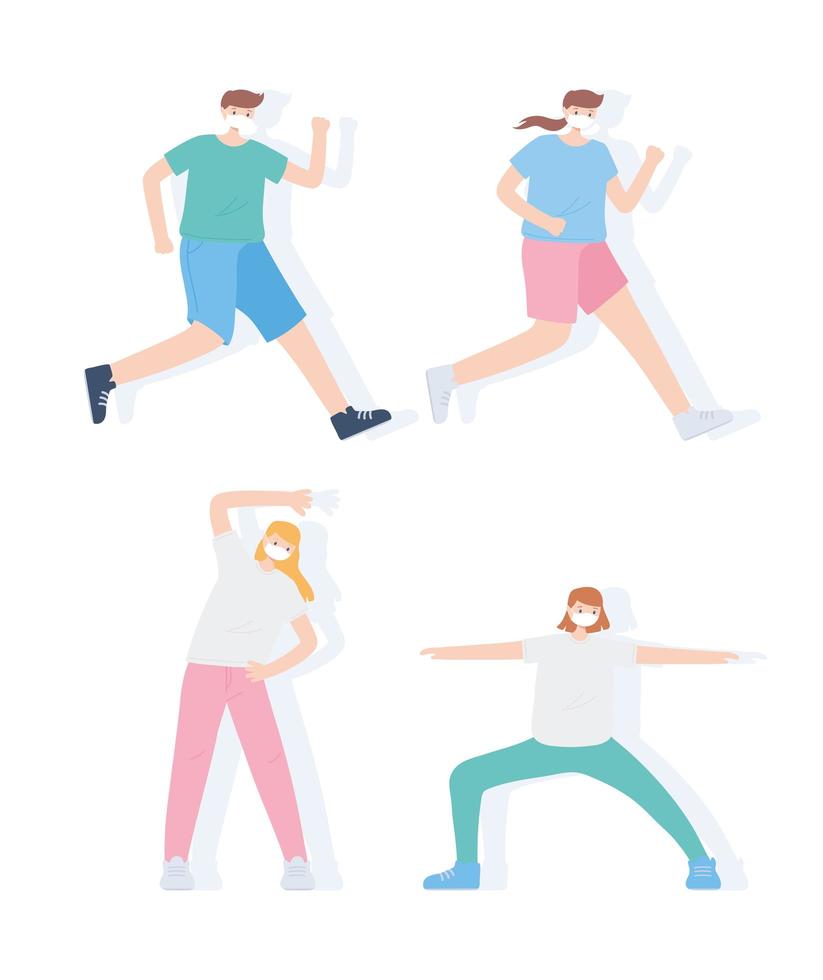 coronavirus covid 19, young people practicing exercises with medical mask protection vector