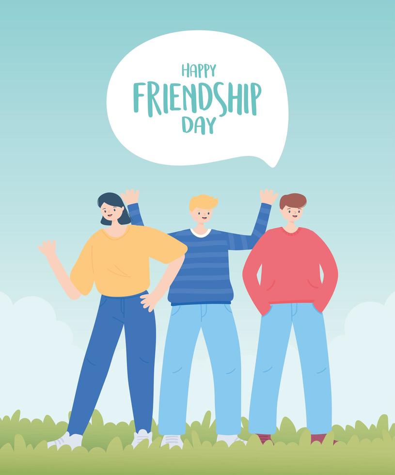 happy friendship day, men and woman cartoon character special event celebration vector