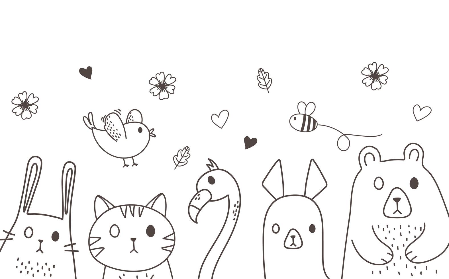 cute animals sketch wildlife cartoon adorable bird bee bear alpaca rabbit cat flamingo and flowers vector