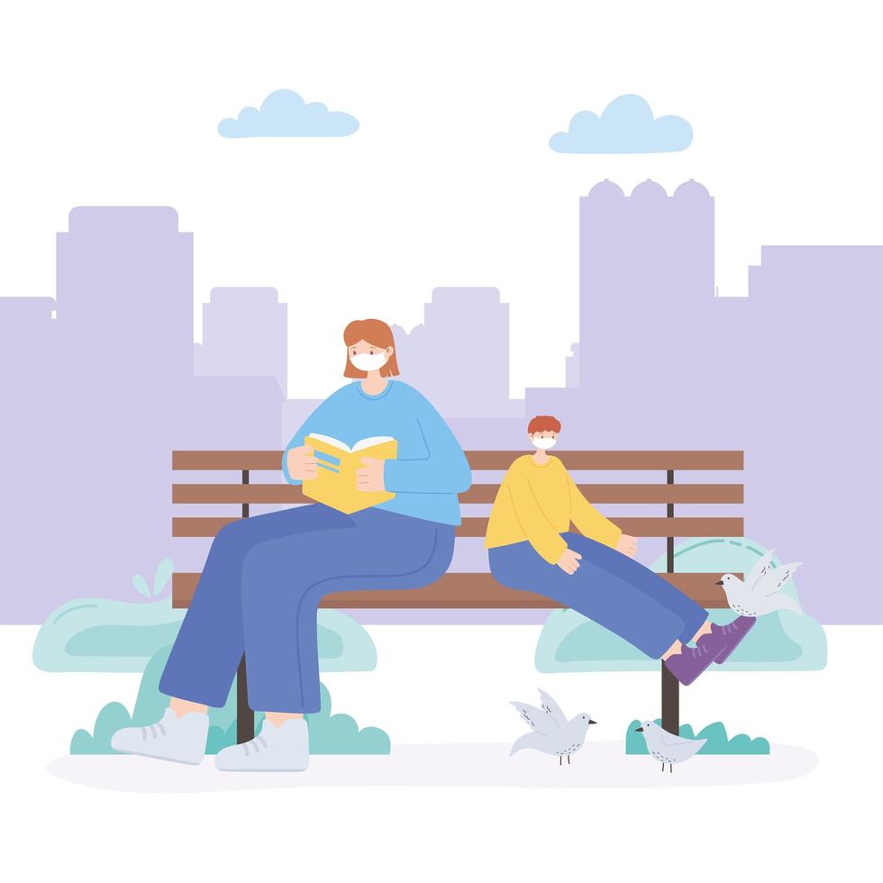 people with medical face mask, woman reading book with boy and pigeons on bench, city activity during coronavirus vector