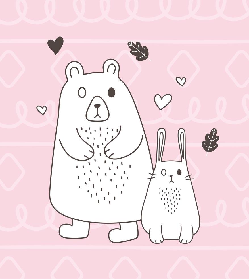 animales lindos bosquejo vida silvestre dibujos animados adorable oso conejo amor corazones fondo rosa vector