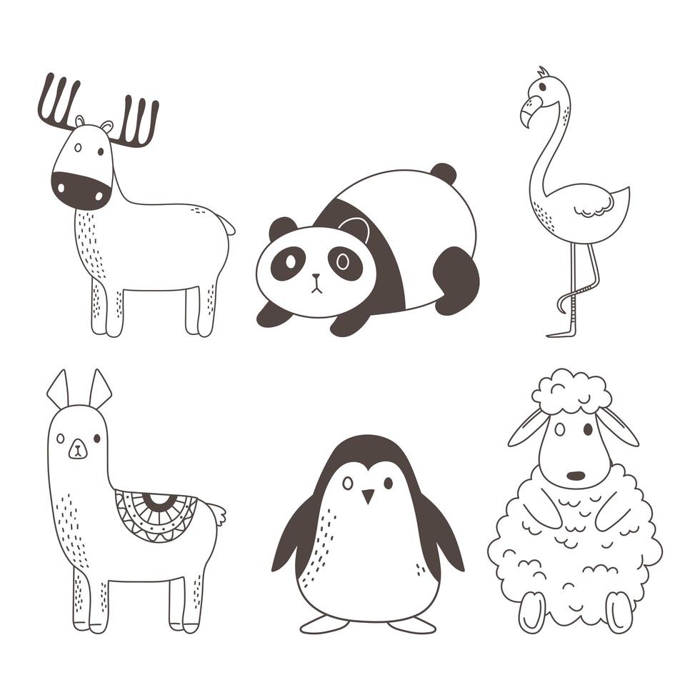 cute animals sketch wildlife cartoon adorable deer panda flamingo alpaca penguin sheep icons vector