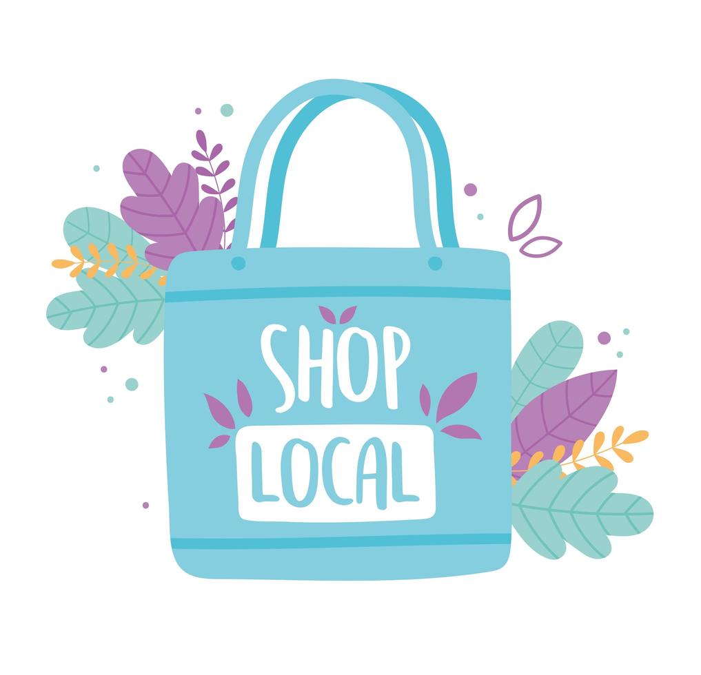 support local business, shop small market eco bag with leaves vector