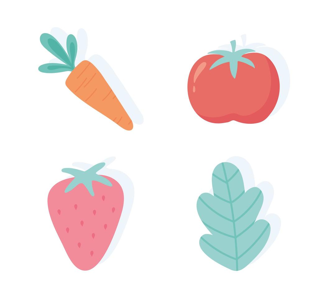 fresh fruits vegetable carrot tomato strawberry and leaf icons vector