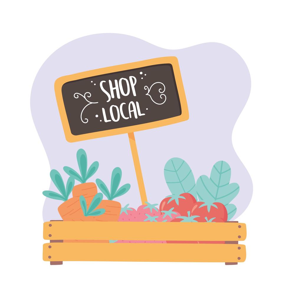 support local business, shop small market, wooden basket with fresh products vector