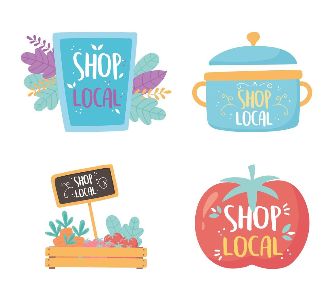 support local business, shop small market, board cooking pot products fresh icons vector