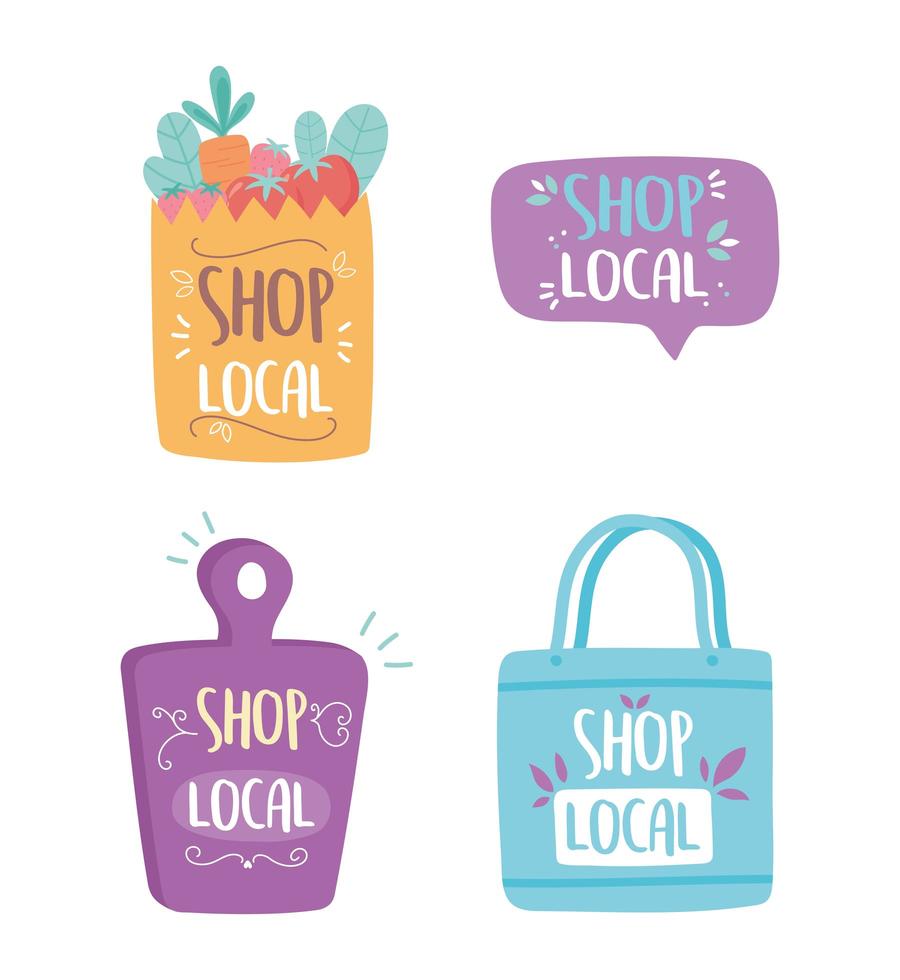 support local business, shop small market paper bag cutting board lettering icons vector