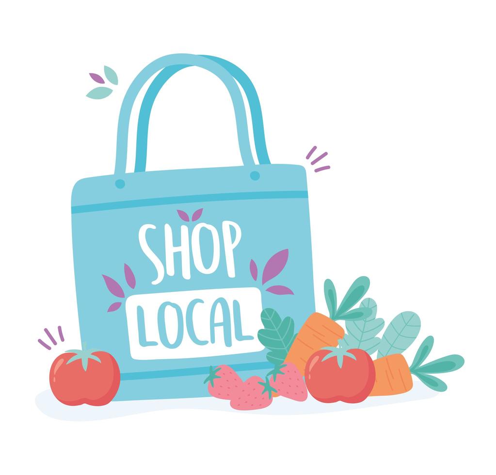 support local business, shop small market eco bag with fruits and vegetables vector