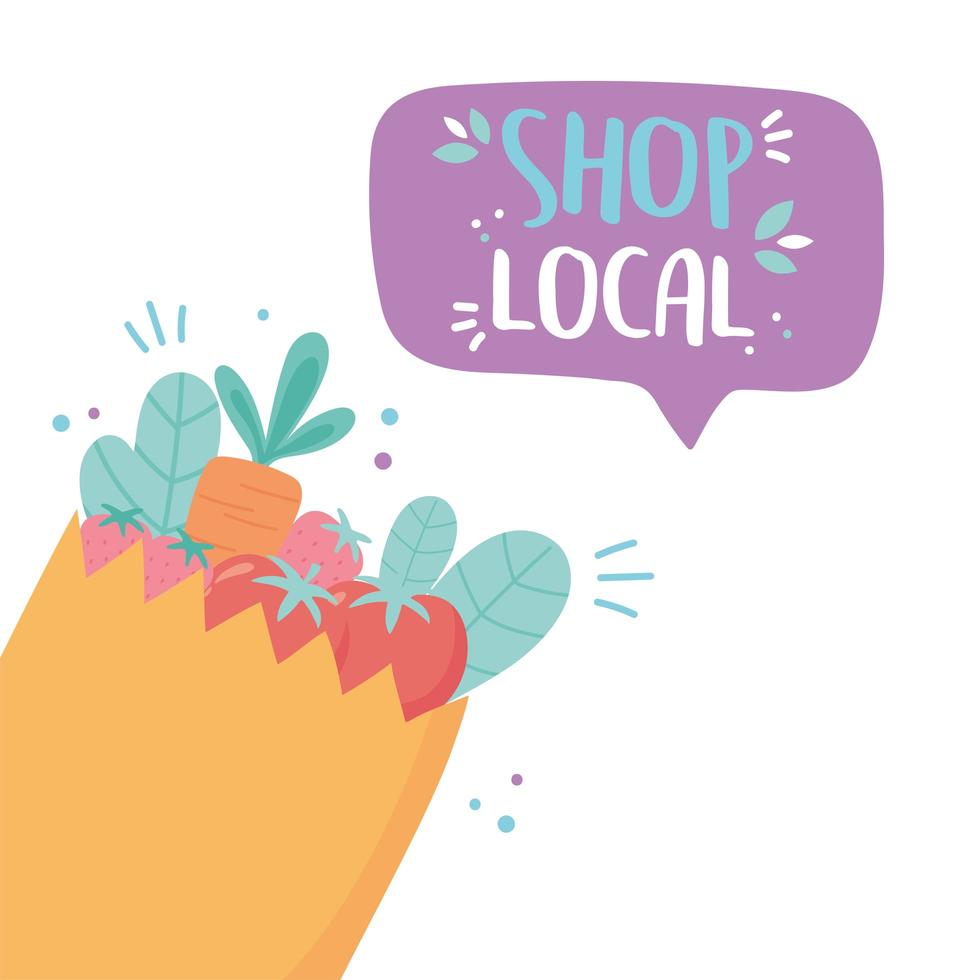 support local business, shop small market paper bag with vegetables and fruits vector