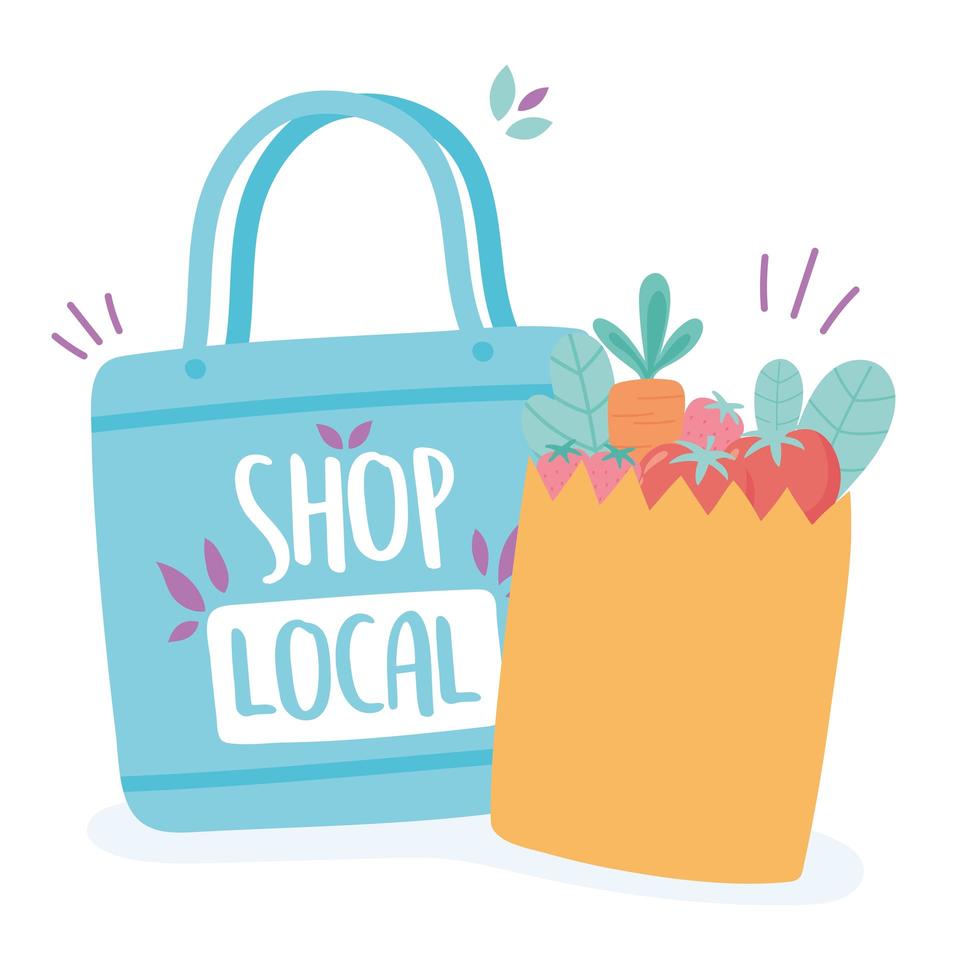 support local business, shop small market eco and paper bag with food vector