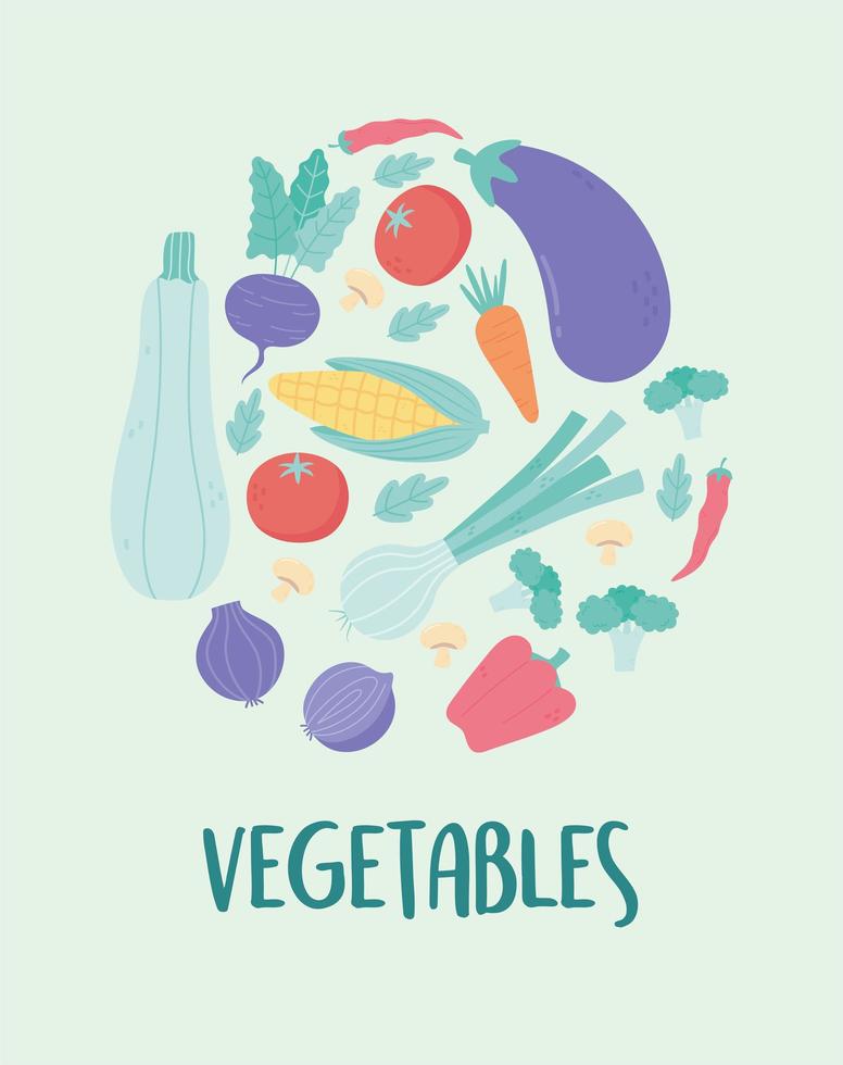 dibujos animados frescos orgánicos varios vegetales menú dieta diseño vector