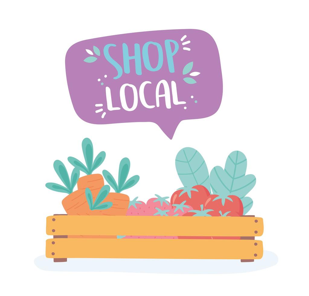 Apoyar los negocios locales, comprar en el mercado pequeño frutas orgánicas verduras alimentos vector