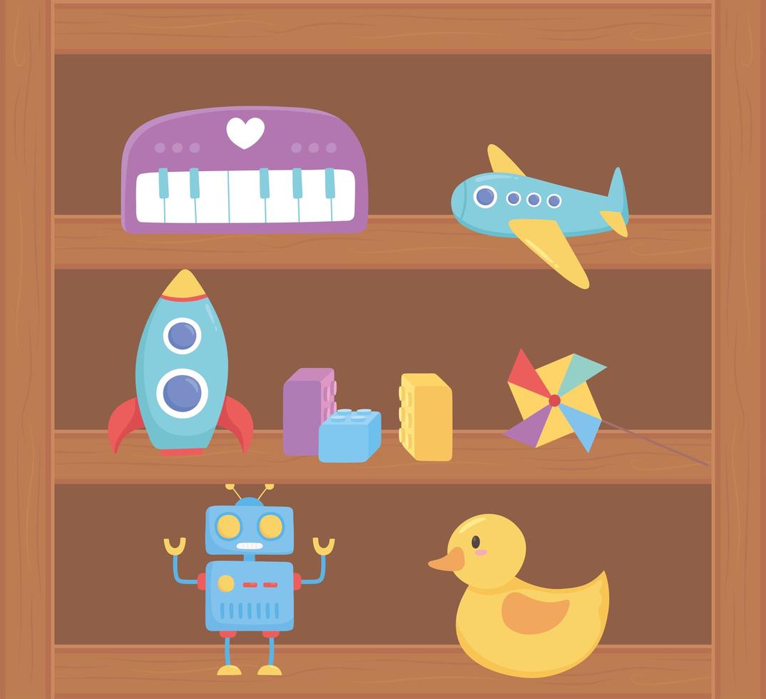 plane duck robot rocket toys object for small kids to play cartoon on wood shelf vector