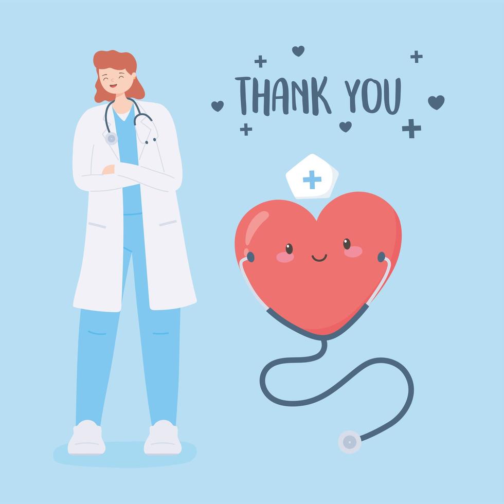 gracias doctores y enfermeras, doctora con estetoscopio y dibujos animados de corazón vector