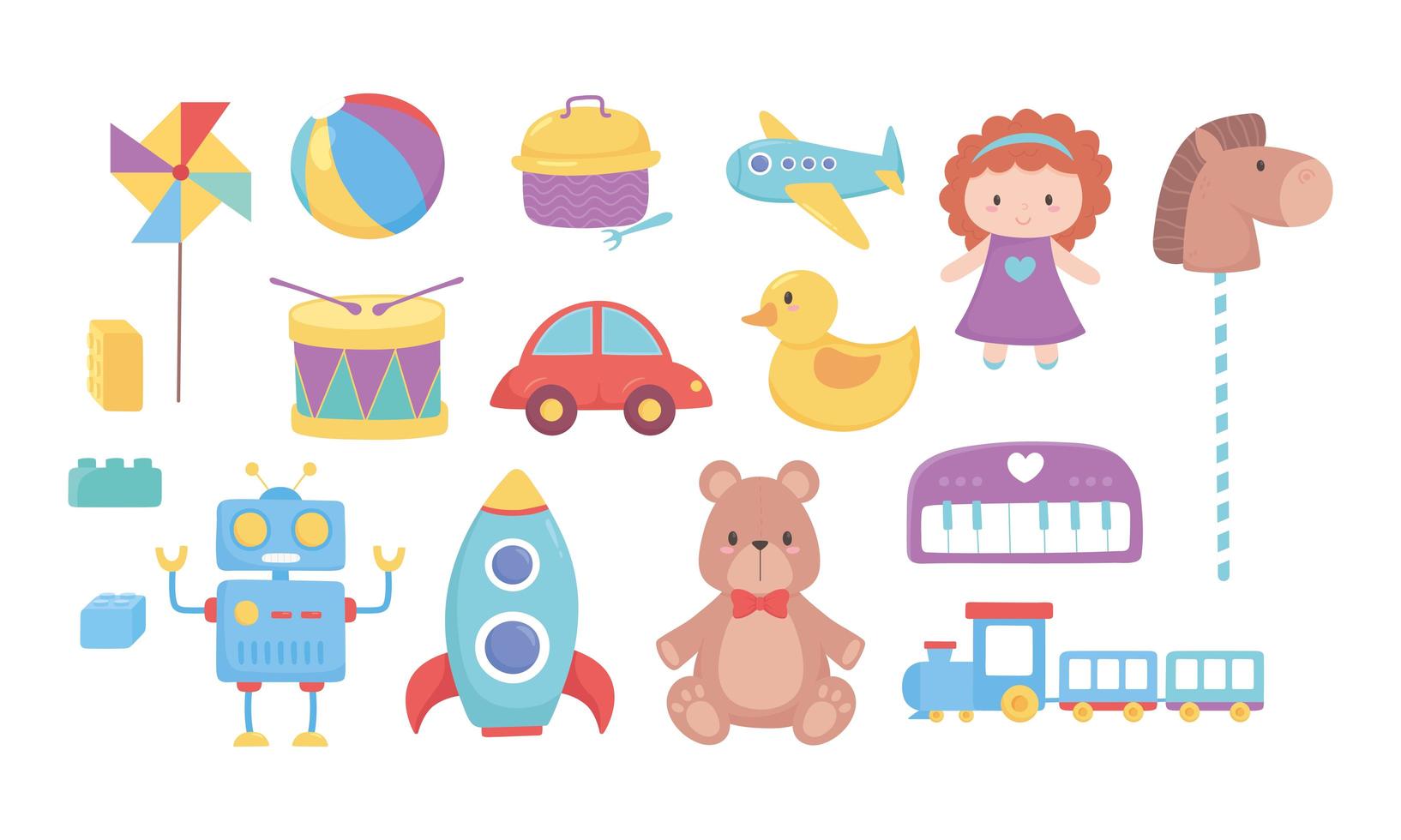 niños juguetes oso muñeca caballo coche tren tambor robot cohete bola avión iconos dibujos animados vector