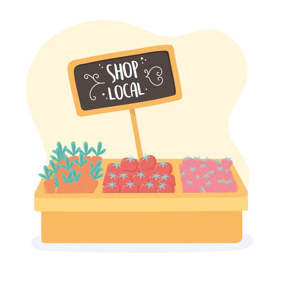 support local business, shop small market, fresh natural organic products on counter vector