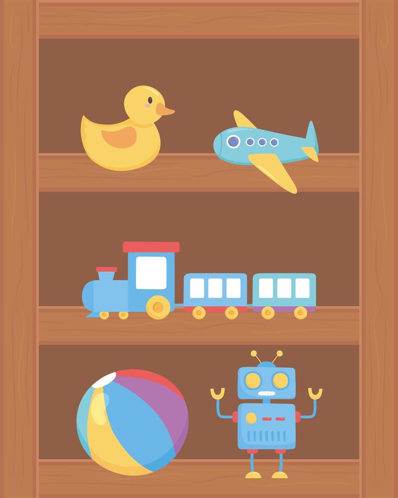 duck plane train ball robot toys object for small kids to play cartoon on wood shelf vector