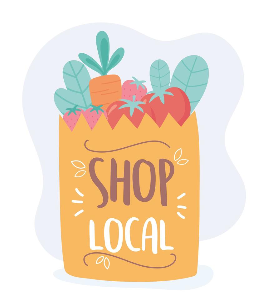 support local business, paper bag with vegetables and fruits shop small market vector