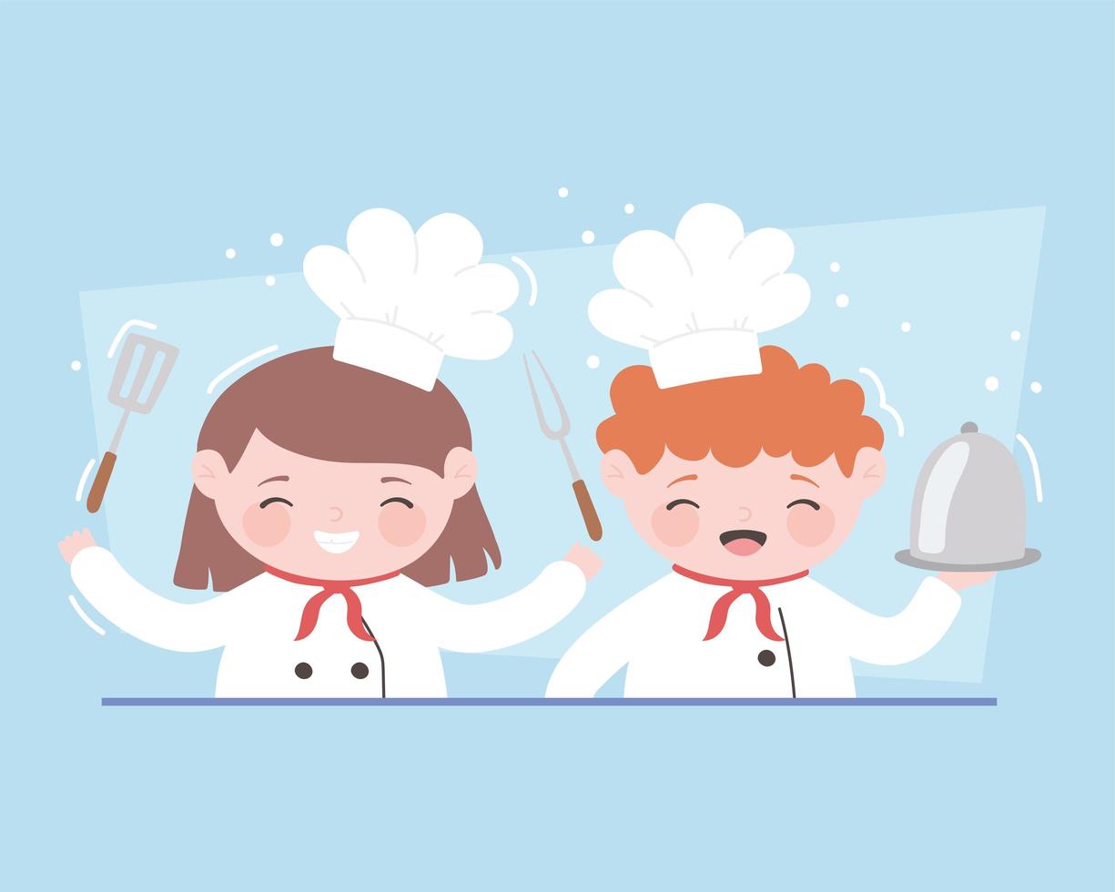 chefs niña y niño personaje de dibujos animados con plato tenedor y espátula vector