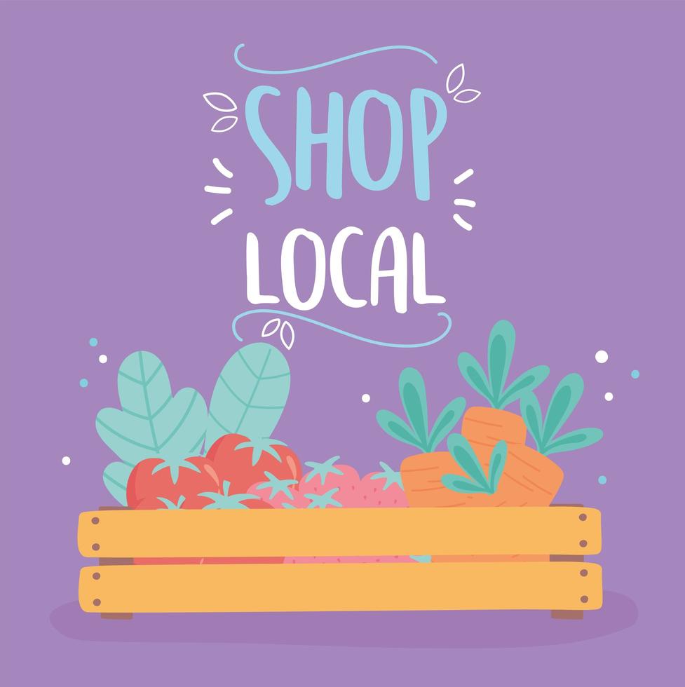 support local business, shop small market, wooden basket with organic fruits and vegetables vector